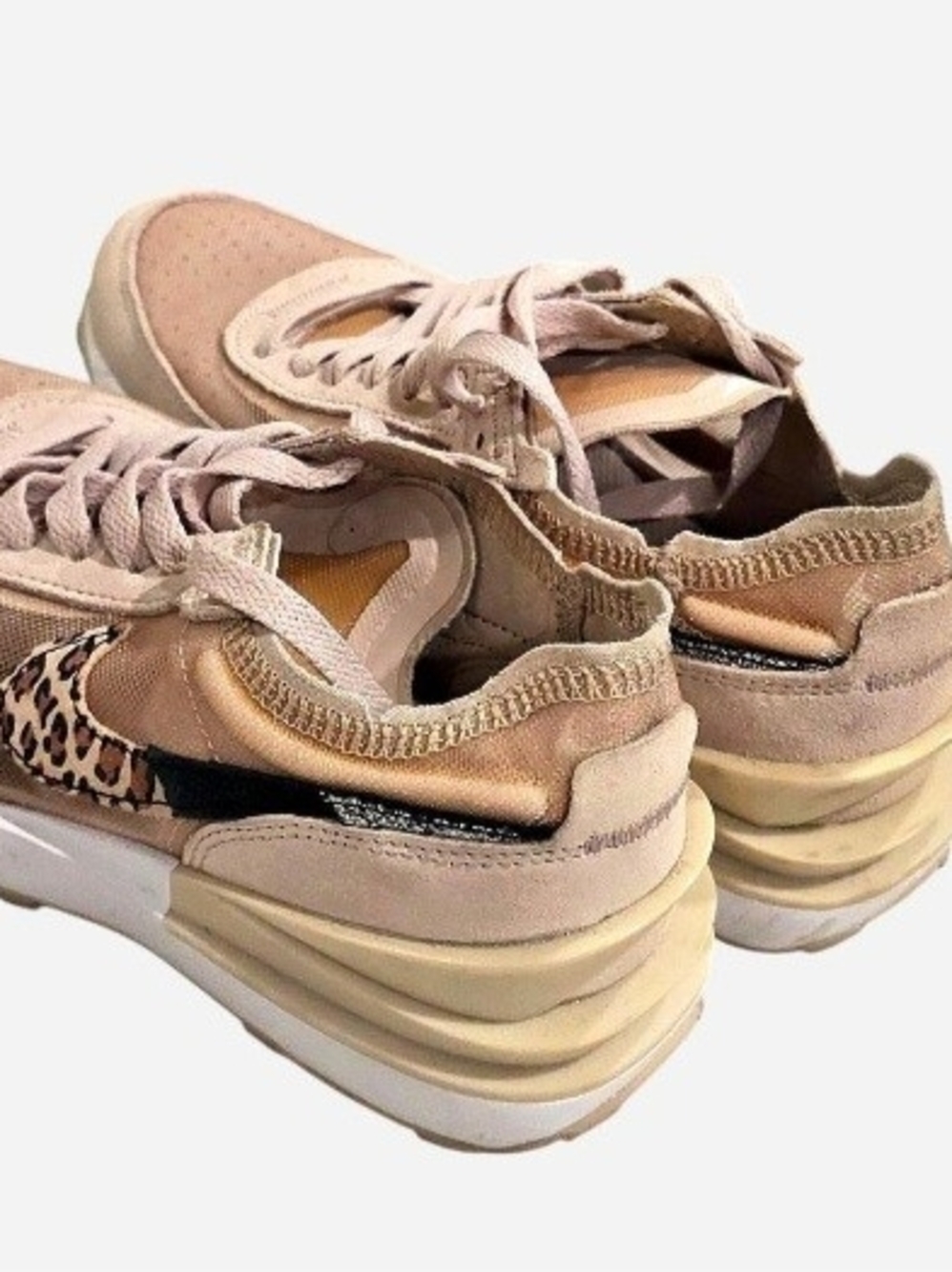 Nike Women's Pink Tan Sneakers with Leopard Swoosh Accent